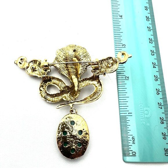 Womens Brooch Pin Cobra Snake Red Green Cabochon Gold Tone Vintage Style - Picture 3 of 4